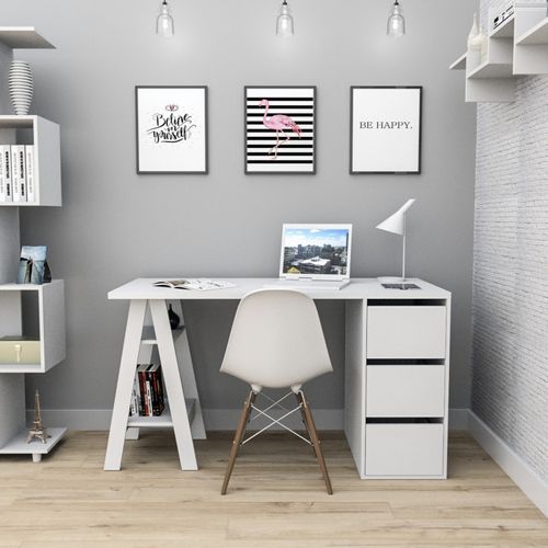 Bureau Tréteau 3 Tiroirs Blanc Self