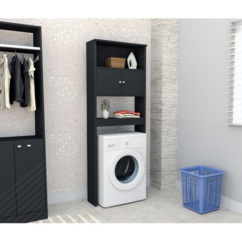 Armoire De Buanderie Lave-linge 2 Portes Noir 3 Niches L 75 H 175 P 22 Cm