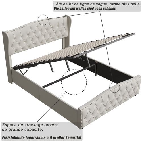 Lit Double 160x200 Cm Avec Rangement Hydraulique, LED Et Ports USB - Velours Beige, Tête De Lit Capitonnée - 5