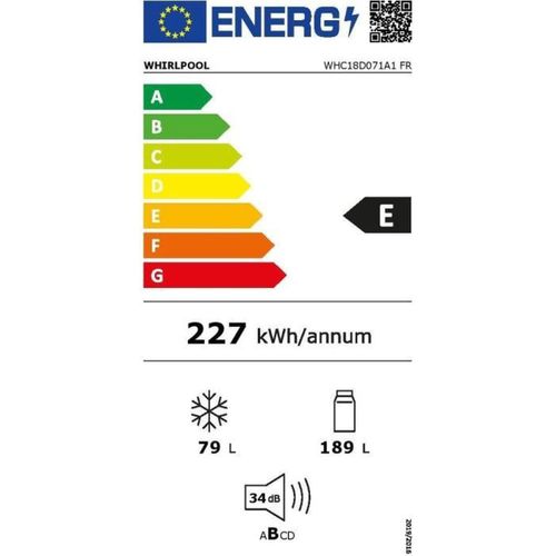 Réfrigérateur Combiné - Whc18d071a1fr - 2 Portes - Encastrable - 268 L - Classe E - 54 X 54 X 177 C