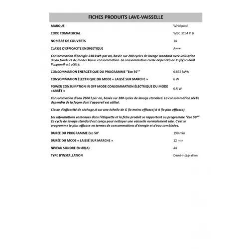 Lave-vaisselle 60 cm 14 couverts 44db Intégrable Avec Bandeau Noir - Wbc3c34pb