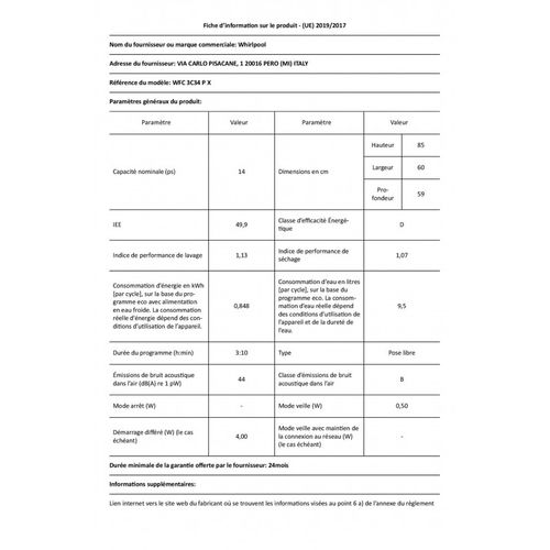 Lave-vaisselle pose libre 14 couverts 44 dB - Wfc3c34px