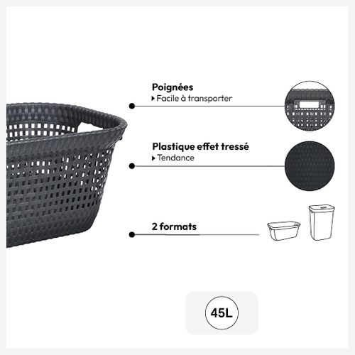 Panier à Linge 45l Gris 2 Poignées Intégrées L 59 X P 38.5 X H 26 Cm