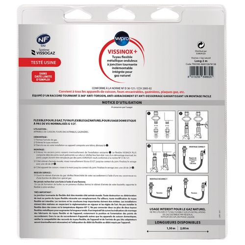 Tuyau de gaz Vissinox 2m Gaz naturel - Tnv 200