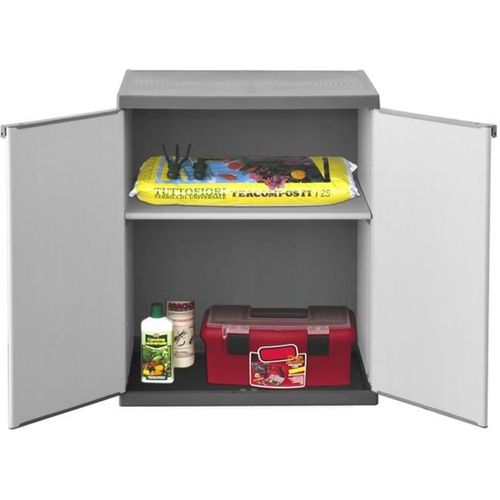 Armoire Basse De Rangement En Résine Grise, 1 Tablette, 2 Portes Cadenassables