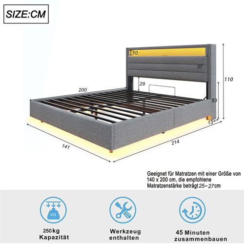 Lit Coffre Lit Double LED 140x200 Cm, Tête De Lit Réversible, Prise USB, Lin, Gris