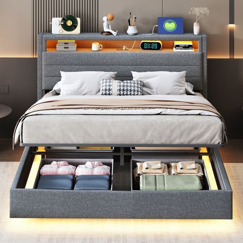Lit Coffre Lit Double LED 140x200 Cm, Tête De Lit Réversible, Prise USB, Lin, Gris