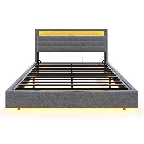 Lit Coffre Lit Double LED 140x200 Cm, Tête De Lit Réversible, Prise USB, Lin, Gris
