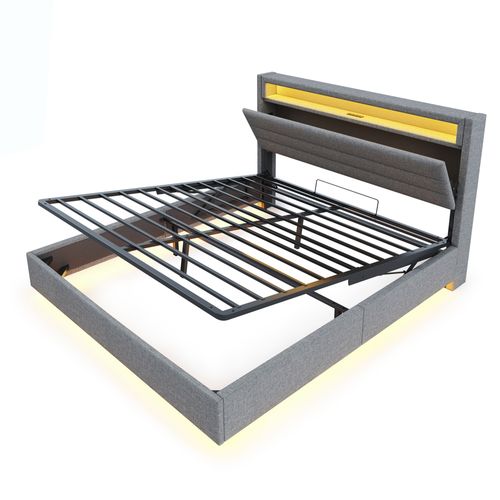 Lit Coffre Lit Double LED 140x200 Cm, Tête De Lit Réversible, Prise USB, Lin, Gris