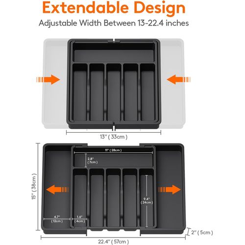 Organiseur De Tiroir à Couverts Extensible Noir - 7 à 9 Compartiments Pour Fourchettes, Cuillères, Ustensiles - 2