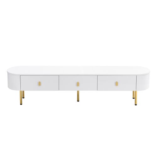 Meuble TV Bas Rétro 177×38×53 Cm - 4 Portes En Rotin & 2 Tiroirs - Poignées Dorées - Pieds En Metal Blanc 96708355