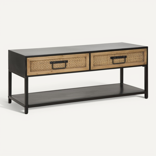 Meuble TV 2 Tiroirs "hanoï" 95cm Naturel et Noir