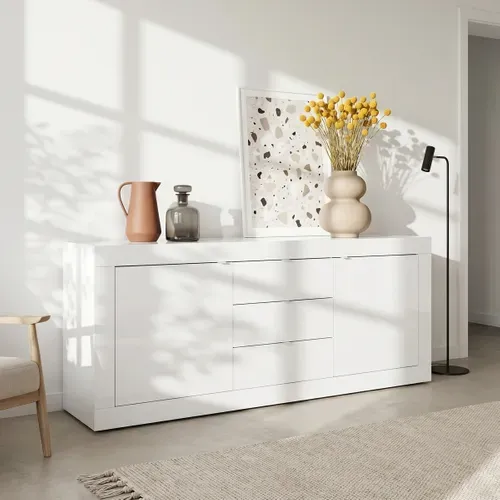 Buffet 2 portes 3 tiroirs BRIGHT blanc laqué vue d'ambiance 1