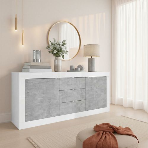 Buffet 2 portes 3 tiroirs BRIGHT blanc laqué et imitation béton