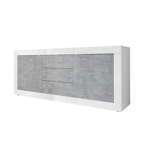 Buffet 2 portes 3 tiroirs BRIGHT blanc laqué et imitation béton vue de profil