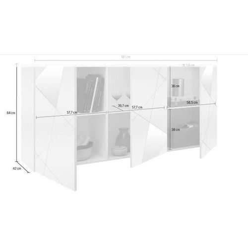 Buffet Victory 3 Portes Blanc Laqué Brillant Avec Serigraphie Miroir  L181 Cm
