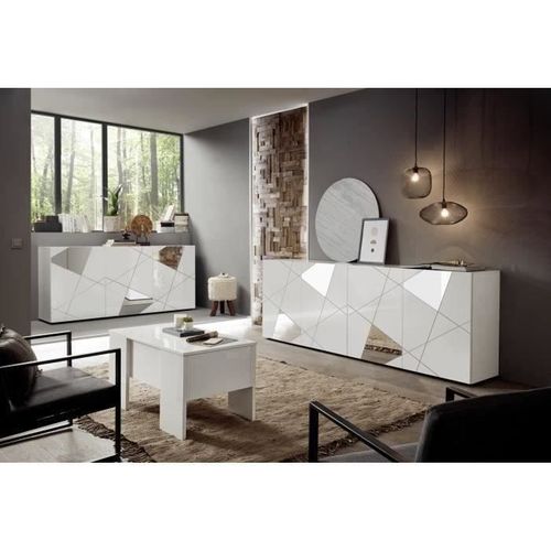 Buffet Victory 3 Portes Blanc Laqué Brillant Avec Serigraphie Miroir  L181 Cm