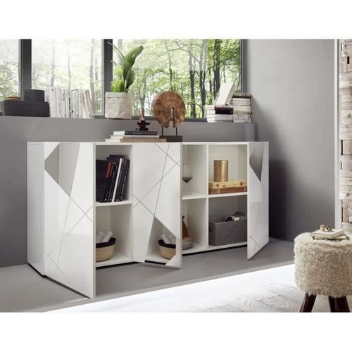 Buffet Victory 3 Portes Blanc Laqué Brillant Avec Serigraphie Miroir  L181 Cm