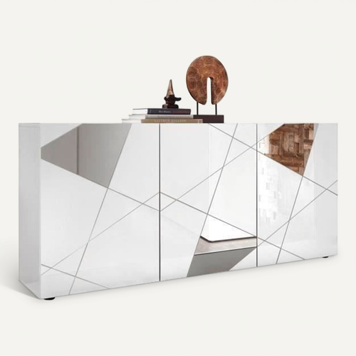 Buffet Victory 3 Portes Blanc Laqué Brillant Avec Serigraphie Miroir  L181 Cm