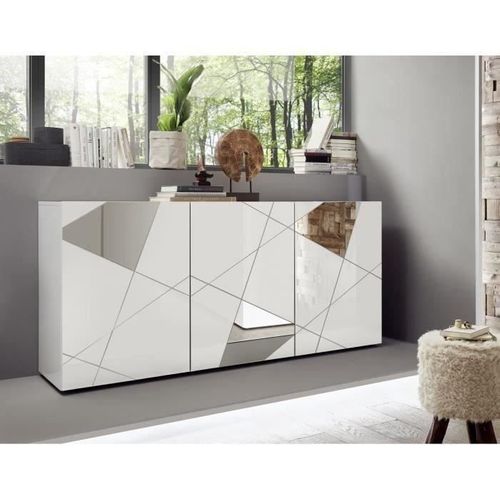 Buffet Victory 3 Portes Blanc Laqué Brillant Avec Serigraphie Miroir  L181 Cm