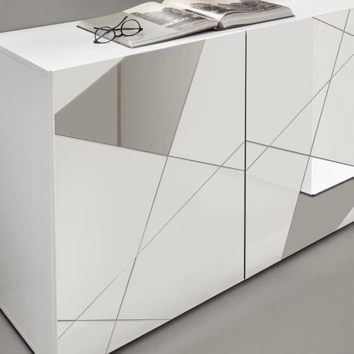 Buffet Victory 3 Portes Blanc Laqué Brillant Avec Serigraphie Miroir  L181 Cm