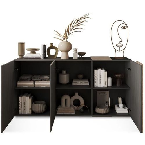 Buffet - 3 Portes - Gris Titan Mat - Chene Cadiz - 181 X 44 X 84 Cm