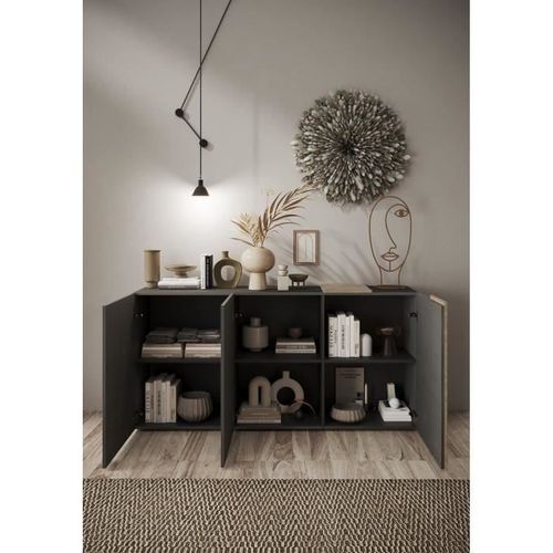 Buffet - 3 Portes - Gris Titan Mat - Chene Cadiz - 181 X 44 X 84 Cm