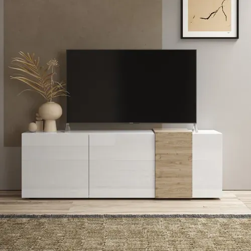 Meuble TV 3 portes 180 cm ROSINE Imitation chêne et blanc vue d'ambiance 1