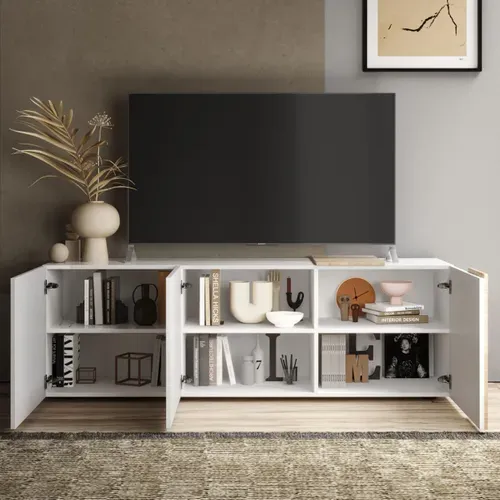 Meuble TV 3 portes 180 cm ROSINE Imitation chêne et blanc