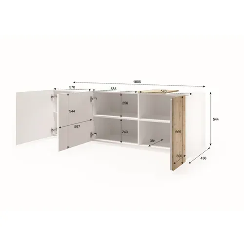 Meuble TV 3 portes 180 cm ROSINE Imitation chêne et blanc vue de profil