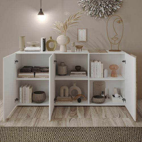Buffet 3 portes L.180cm ROSINE Imitation chêne et blanc