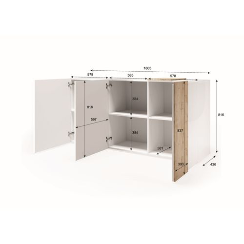 Buffet 3 portes L.180cm ROSINE Imitation chêne et blanc vue de profil