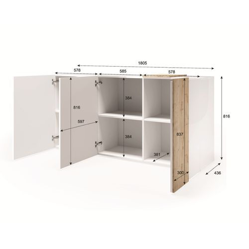 Buffet 3 portes L.180cm ROSINE Imitation chêne et blanc