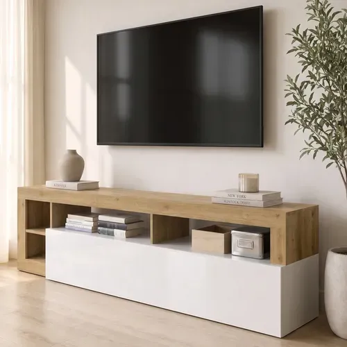 Meuble TV 184cm IGOR Imitation chêne et blanc vue 3/4