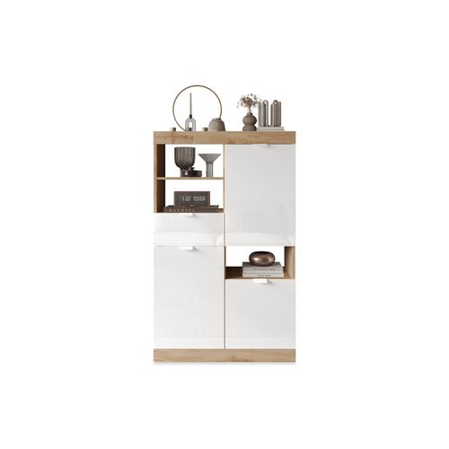 Buffet haut 2 portes 3 tiroirs H.149 cm SLIM imitation chêne et blanc brillant