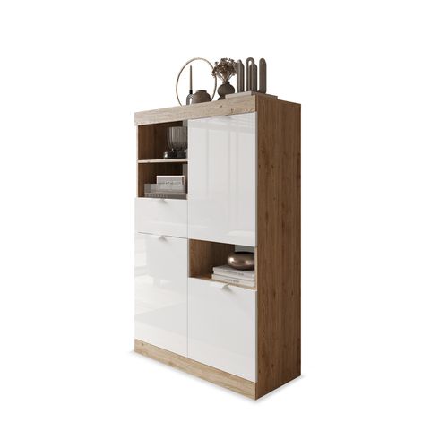 Buffet haut 2 portes 3 tiroirs H.149 cm SLIM imitation chêne et blanc brillant