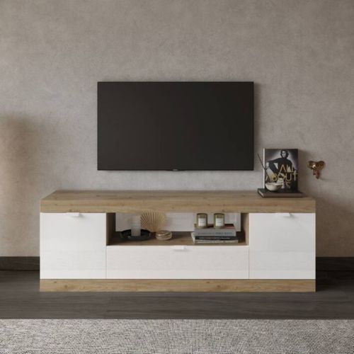 Meuble TV L.180 cm 2P 3 tiroirs SLIM imitation chêne et blanc brillant