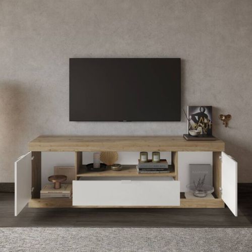 Meuble TV L.180 cm 2P 3 tiroirs SLIM imitation chêne et blanc brillant