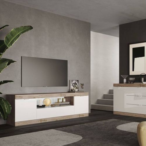 Meuble TV L.180 cm 2P 3 tiroirs SLIM imitation chêne et blanc brillant