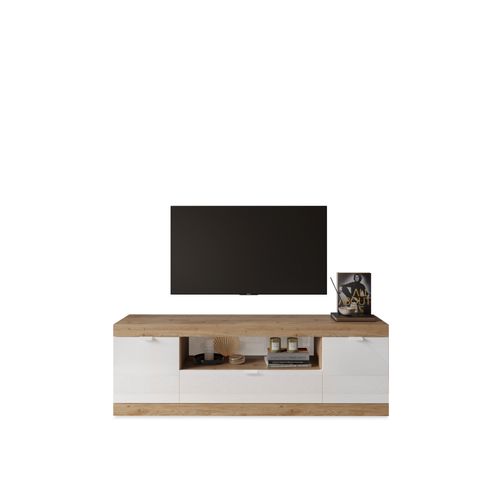 Meuble TV L.180 cm 2P 3 tiroirs SLIM imitation chêne et blanc brillant