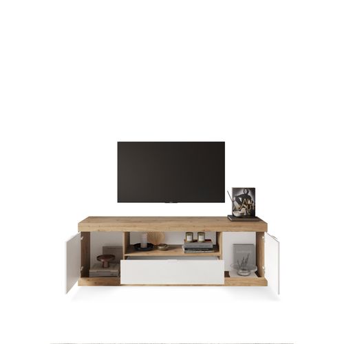 Meuble TV L.180 cm 2P 3 tiroirs SLIM imitation chêne et blanc brillant