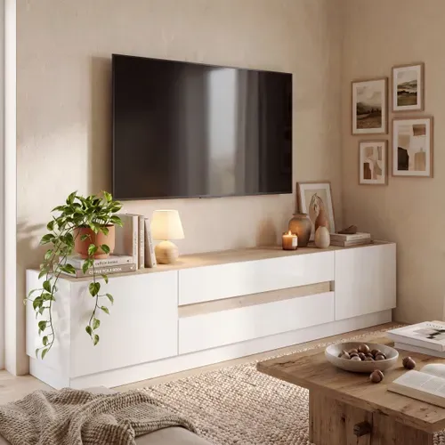 Meuble TV 2 portes 2 tiroirs MAZARIN imitation chêne et blanc brillant vue d'ambiance 1