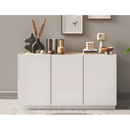 Buffet 3 portes MAZARIN imitation chêne et blanc brillant