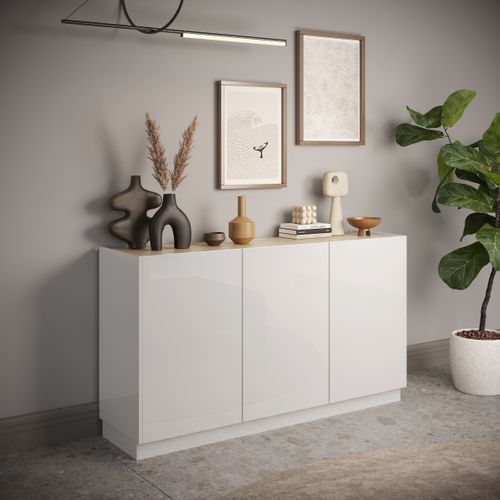 Buffet 3 portes MAZARIN imitation chêne et blanc brillant