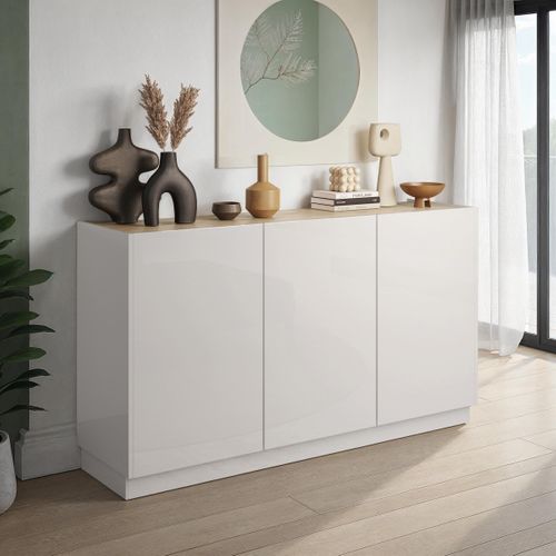 Buffet 3 portes MAZARIN imitation chêne et blanc brillant