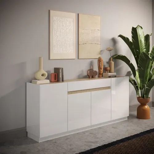 Buffet 4P MAZARIN imitation chêne et blanc brillant