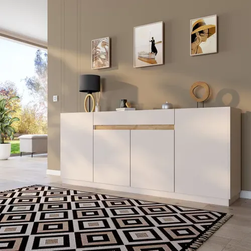 Buffet 4P MAZARIN imitation chêne et blanc brillant