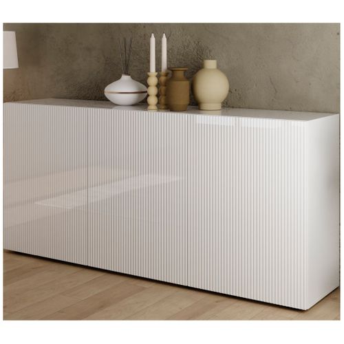 Buffet 3 portes 180 cm ELENA blanc laque brillant vue 3/4