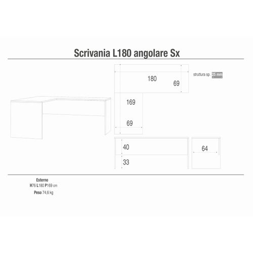 Bureau D'angle Gauche 180x69 Design Moderne Robuste Pioro