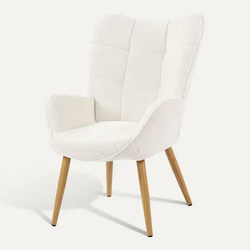 Fauteuil De Salon Scandinave Avec Accoudoirs Pied Bois Massif Rembourré En Boulette Beige